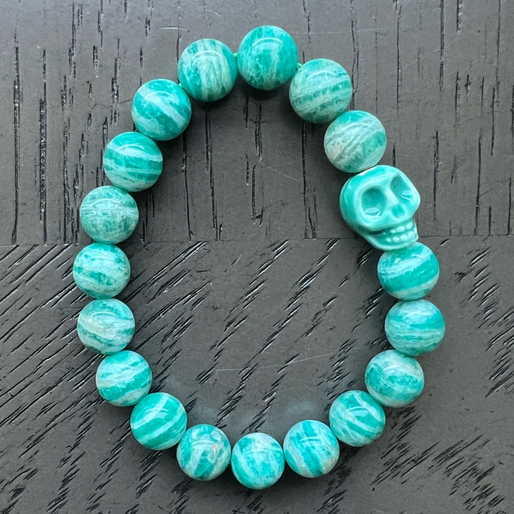 Russian Amazonite bracelet with skull charm SIZE 6.5’